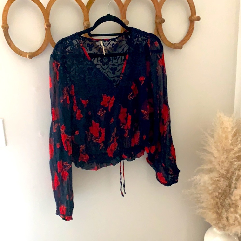 Free people red and navy button down blouse
